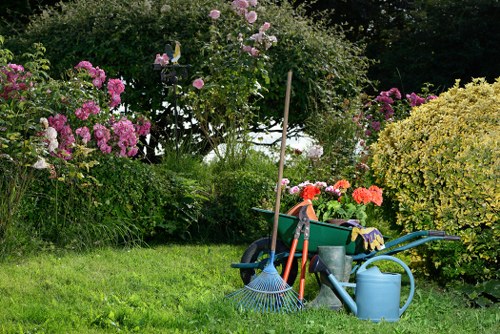 Exterior garden tools and gloves representing garden maintenance